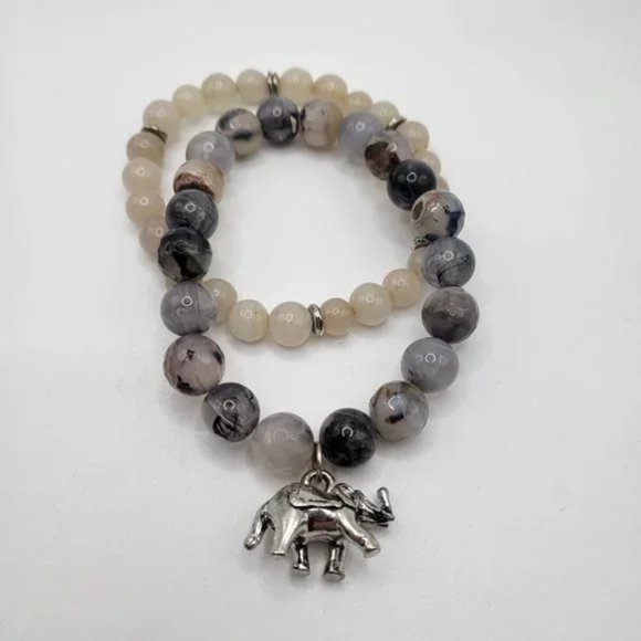 Agate Stretch Bracelet Set with Lucky Elephant Charm: - Picture 2 of 10